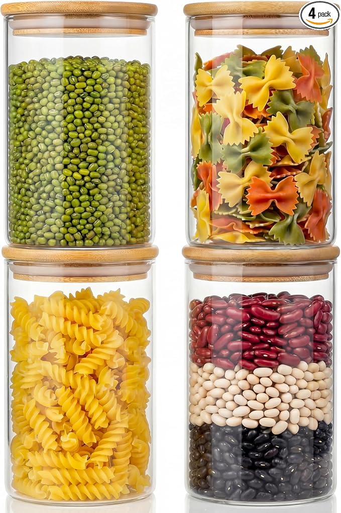32 oz Round Glass Food Storage Containers with Airtight Bamboo Lids, 4 Pack | Stackable Pantry Jar for Flour, Sugar & Rice, Durable Borosilicate Glass Canister Keep Food Dry & Fresh, Easy to Fill & Clean