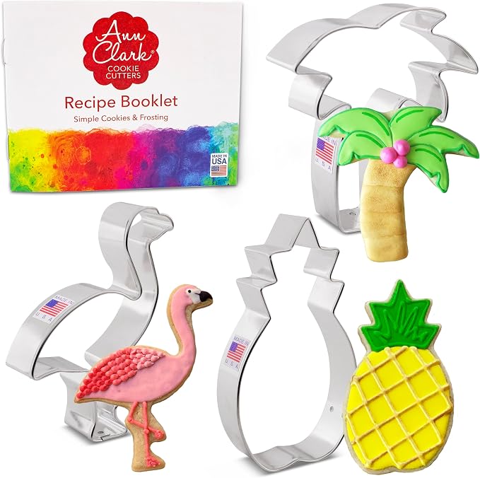 Ann Clark Tropical Hawaiian Cookie Cutters 3-Pc. Set Made in USA, Flamingo, Palm Tree, Pineapple