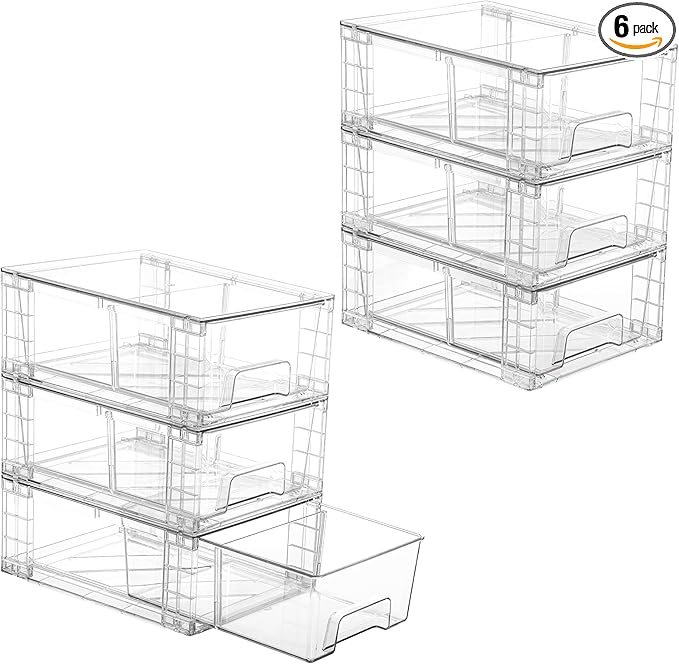 Vtopmart 6 Pack Stackable Storage Drawers,Clear Acrylic Drawer Organizers with Handles, Easily Assemble Containers for Fridge, Bathroom,Kitchen Undersink,Cabinet,Pantry Organization and Storage | Clear Drawer Organizers with Removable Dividers for Flex...