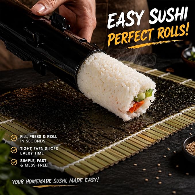 FUNGYAND Sushi Making Kit, All-in-One Bazooka Roller Set with Bamboo Mats, Avocado Slicer, Paddle, Knife, Chopstick & Holders, Cotton Bag - DIY Maki Roller Machine