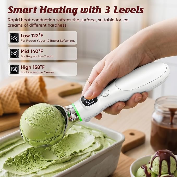 Heated Ice Cream Scoop, Rechargeable Electric Ice Cream Scoop with LED Display, 3 Heat Levels 122°F/140°F/158°F, Nonstick Ice Cream Scooper for Hard Ice Cream, Gelato, Frozen Yogurt & Sorbet (White)