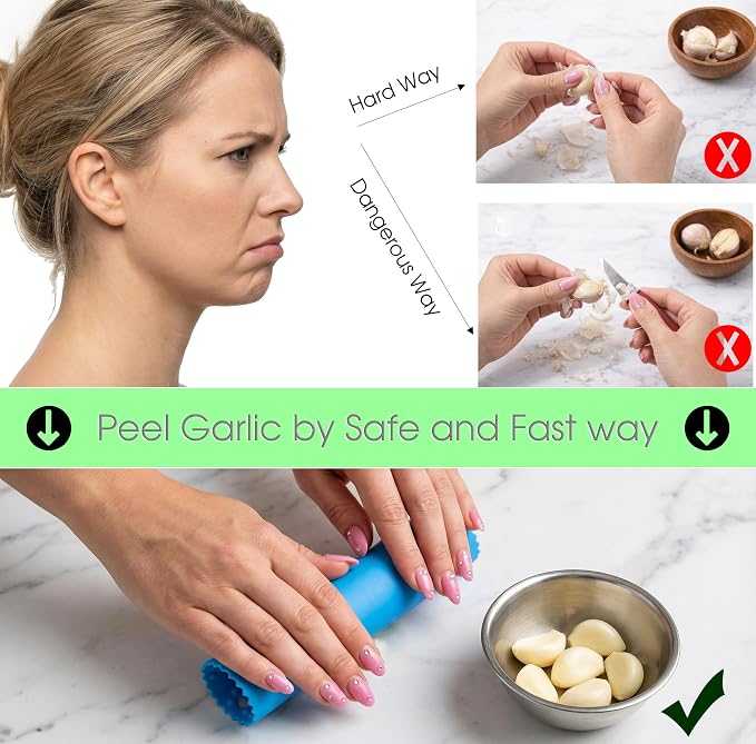 Silicone Garlic Peeler Tube Roller with Brush, 2-in-1 Kitchen Gadget Set, Measuring Spoon with Cleaning Brush (5ml & 3ml) and Silicone Garlic Peeler, Easy-Clean Kitchen Utensils with Hanging Loops