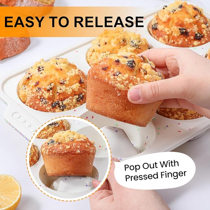 Vinino Silicone Jumbo Muffin Pan with Reinforced Frame for Oven, BPA-Free | 6-Cup Jumbo Size Silicone Muffin Pan for Baking with Non-Slip Handle, Nonstick Muffin Tray Dishwasher Safe, Cream
