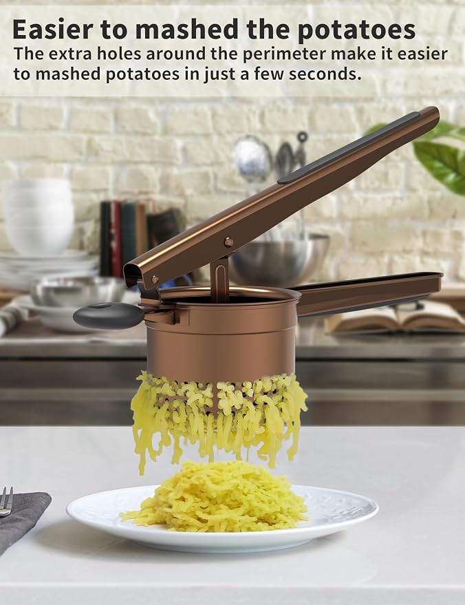 GloTika Large 15oz Potato Ricer, Heavy Duty Stainless Steel Ricer for Mashed Potatoes, Sweet Potato Masher Kitchen Tool with Ergonomic Handle, Press and Mash Kitchen Gadget, Bronze Color