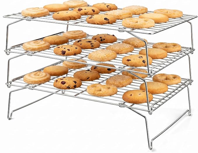 LIANYU Cooling Rack 15"x10", 3-Tier Stackable & Collapsible Stainless Steel Baking Wire Racks for Cooking, Baking, Roasting, Drying, Oven & Dishwasher Safe, Silver