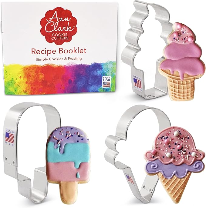 Ann Clark Ice Cream Cookie Cutters 3-Pc. Set Made in USA, Popsicle, Ice Cream Cone, Soft Serve Swirl Cone