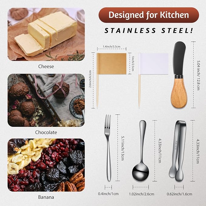 34 Pcs Charcuterie Board Accessories Cheese Butter Spreader Knives Set Stainless Steel Spreader Knives with Wooden Handles Charcuterie Boards Utensils Mini Serving Tongs Spoons and Forks, Black