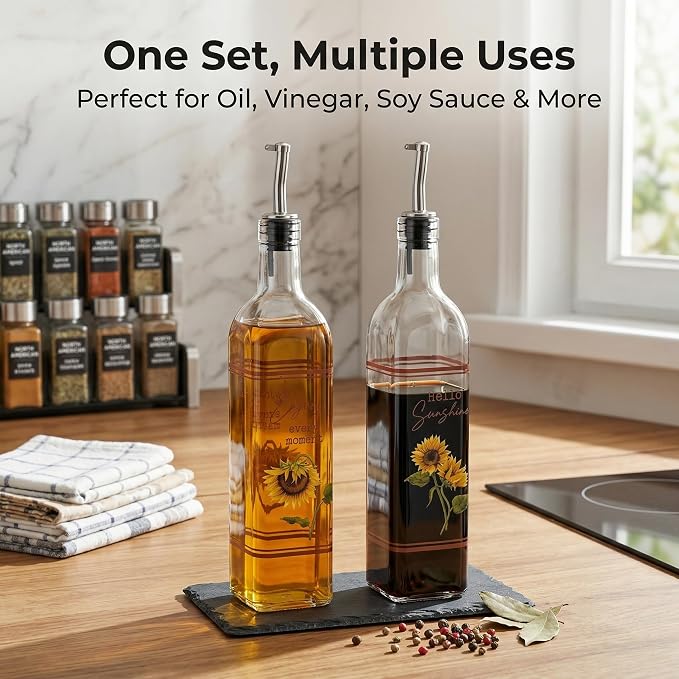 Topadorn 2-Pack 17oz Glass Olive Oil Dispenser Bottles with Stainless Steel Spout, Leak Proof Oil Dispenser Set, Folk Sunflower Rustic Kitchen Decor for Countertop & Cooking