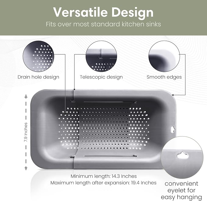 FERROFASIL Collapsible Colander Strainer Basket, Extendable Over the Sink Colander for Produce Washing, Drain Strainer and Brush, Home Apartment Essentials, 14x8x2, Gray