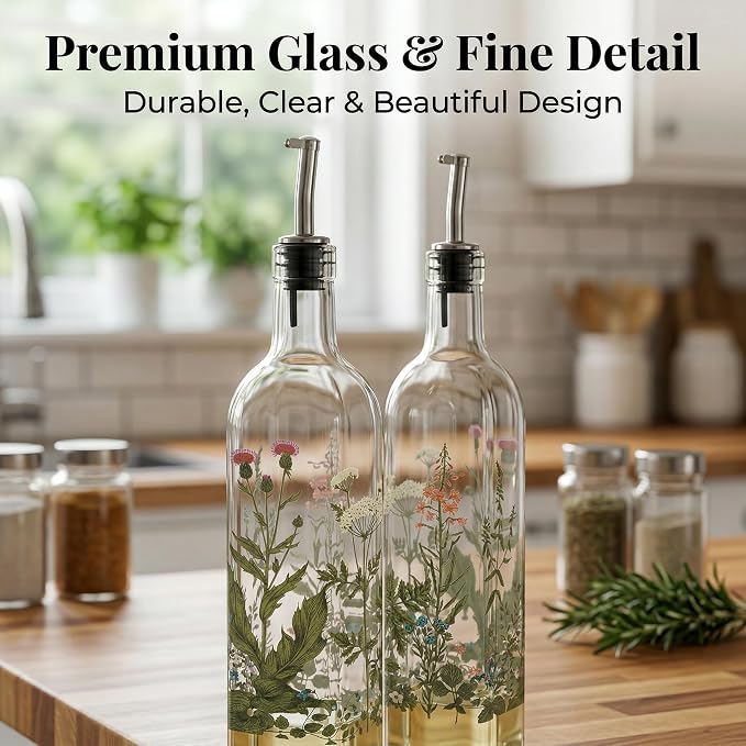 Topadorn Decorative Olive Oil Dispenser Set, 2 Pack 17oz Glass Oil & Vinegar Bottles with Pour Spouts, Kitchen Countertop Cruets for Cooking & Serving