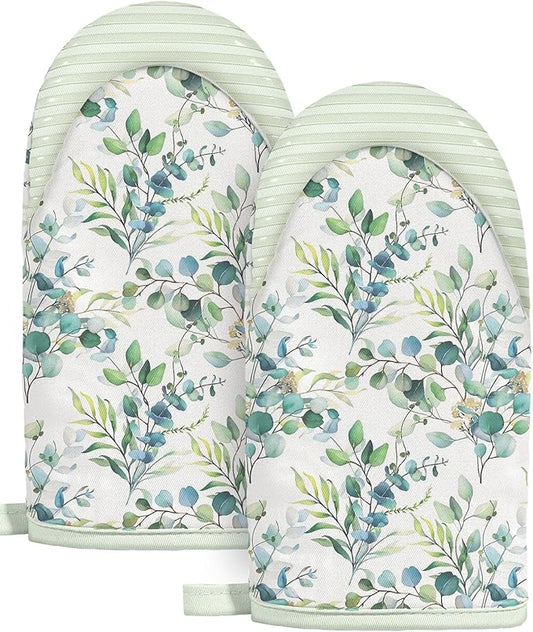 Slohif Sage Green Mini Oven Mitts Set – Flower Extended Short Heat Resistant Kitchen Gloves for Women, 100% Cotton Oven Mitts with Silicone Grips, Non-Slip and Thick Durable for Cooking & Baking