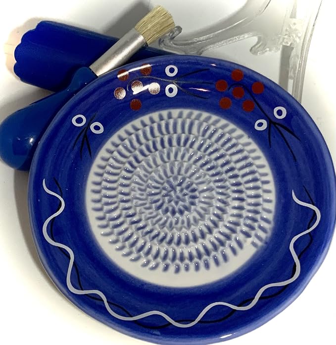 BonCera, All-in-one Premium Ceramic Garlic Grater Plate 4-Piece Set - Cherry Line on Blue Design - For Garlic, Ginger, Chocolate, and more! - Comes with 5.25" Plate, Peeler, Brush, and Stand