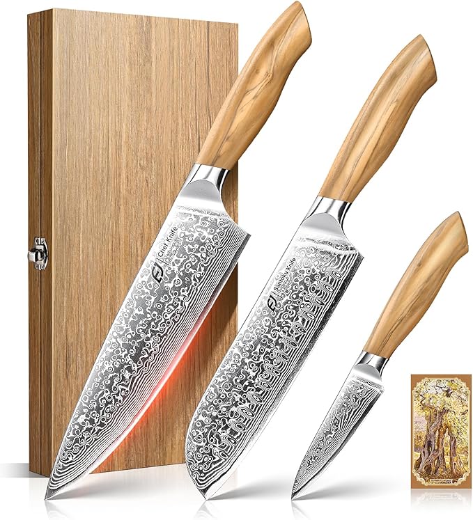 Emojoy Damascus Kitchen Knife Set, 3 PCS Japanese Chef Knife Set, 67-Layers Damascus Knife with Original Olive Wood Handle, Include Wooden Gift Box