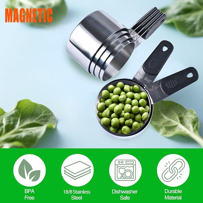 Magnetic Handles 7 Piece Stainless Steel Measuring Cups, Black, Kitchen Gadgets for Measure Liquid and Dry Ingredients, Cooking & Baking