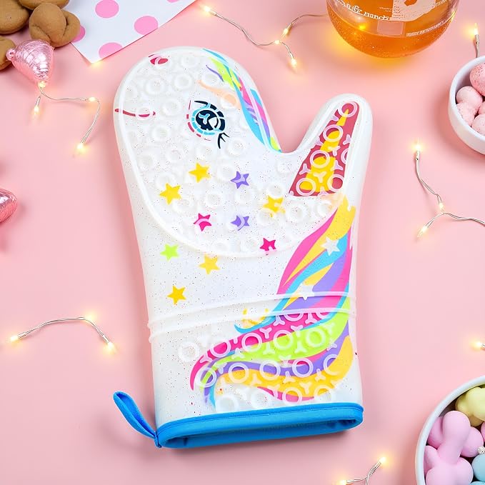Glitter Magic Unicorn Silicone Oven Mitt - Funny Oven Mitts - Heat Resistant Kitchen Glove, Soft Silicone, Quilted Fabric Lining