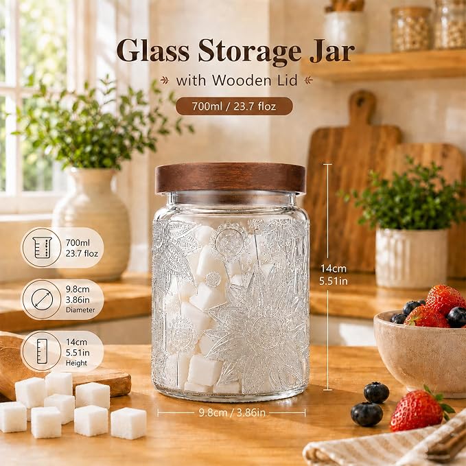 23.7 fl oz Vintage Glass Jar with Wooden Lid, Airtight Decorative Food Storage Canisters for Kitchen Counter & Pantry, Ideal for Candy, Sugar, Coffee,salt, Tea, Cereal, Flour, Oats