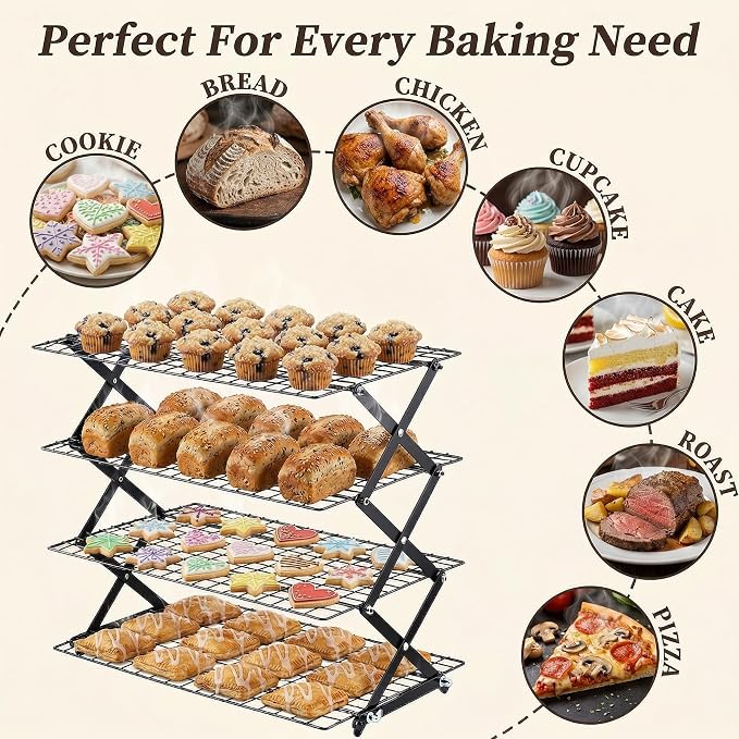 4-Tier Stackable Cooling Rack for Baking, Heavy Duty Stainless Steel Baking Rack, Foldable Space Saving Design, Oven Safe Wire Rack Fits Quarter Sheet & Jelly Roll Pans, Dishwasher Safe