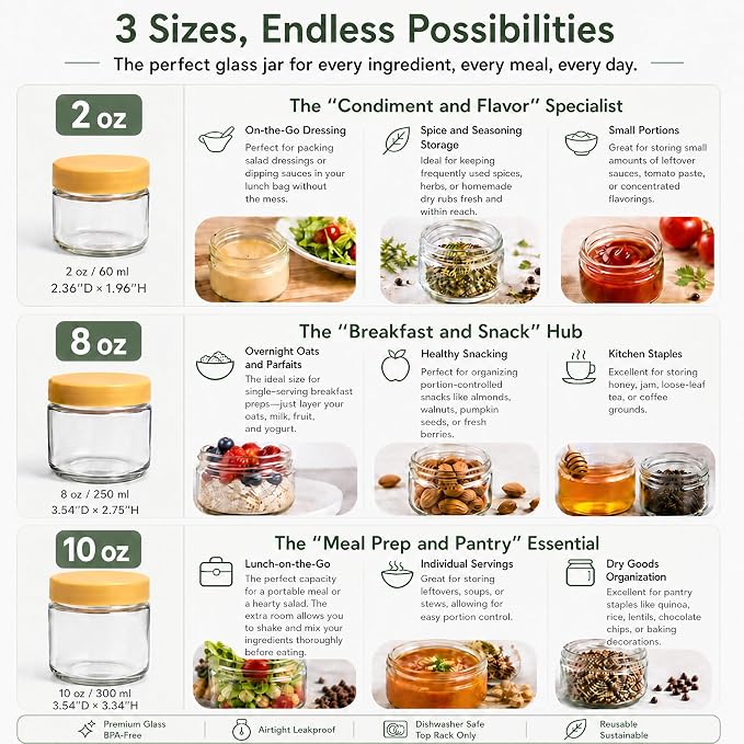 10 oz Small Glass Containers with Lids, Food Storage Jars, 6pk | Perfect for Chia Pudding Jam Snacks Yogurt Overnight Oats Candy ,Dishwasher safe,Airtight