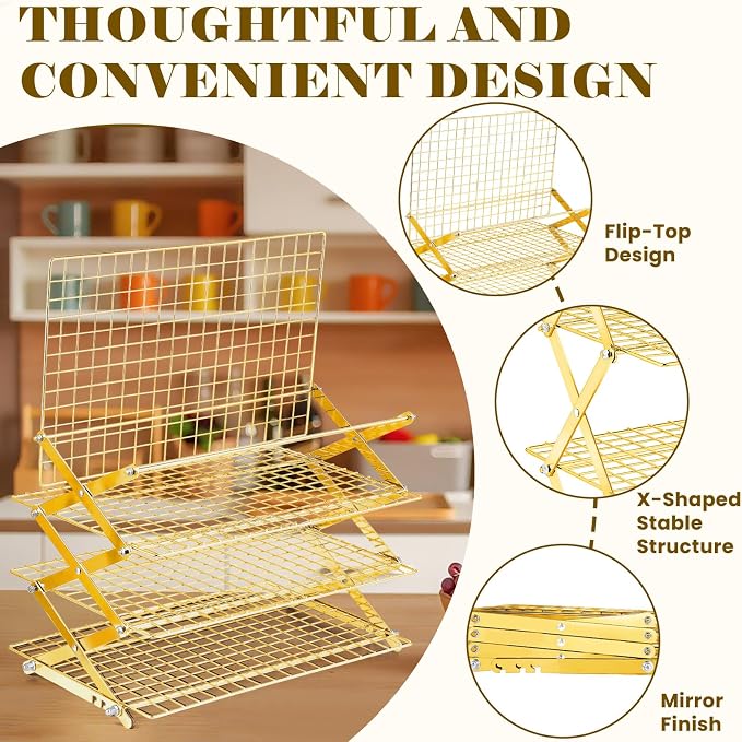 BEWOS 4 Tier Collapsible Cooling Rack - Adjustable Stainless Steel Baking Rack with Mesh Leak Proof，Foldable X-Shaped Structure Cooling Racks for Cooking and Baking, Dishwasher Safe（Gold）