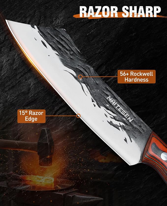 Naitesen 3PCS Hand Forged Butcher Knife Set with Gift Box | Very Sharp Full Tang Wood Handle Serbian Chef Knife, Cleaver and Boning Knife for Meat Cutting Kitchen, Camping & BBQ