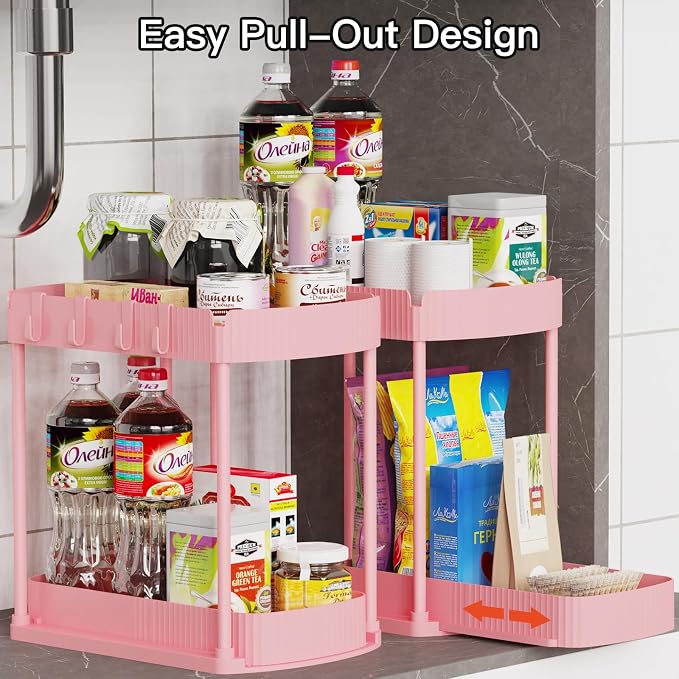 2 Packs Under Sink Pull-Out Storage Organizers, 14.8 Inches,Pink | Multi-Purpose Cabinet Organizers and Storage for Bathroom & Kitchen
