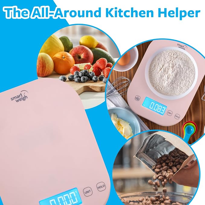 Food Scale, 11lb Pink Compact Digital Kitchen Weighing Scale with LCD Tare, 1g/0.1oz Precision, Grams and Ounces for Baking, Cooking, Calorie Tracking, Meal Prep and Weight Loss - Smart Weigh