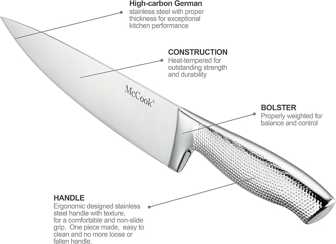 McCook® Knife Sets,Full Tang Hammered German Stainless Steel Kitchen Knife Set, 17 Piece Knives, Razor-Sharp, Forged Triple Rivet, Ergonomic Handle,Elegant Box for Gift