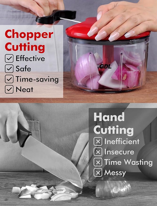 GDL Food Chopper, Pull Onion Chopper Dicer, Hand Powered Food Mincer, Fast Cutting Hand Chopper for Oinon, Garlic, Nut, 3.4 Cups 0.8L, Red