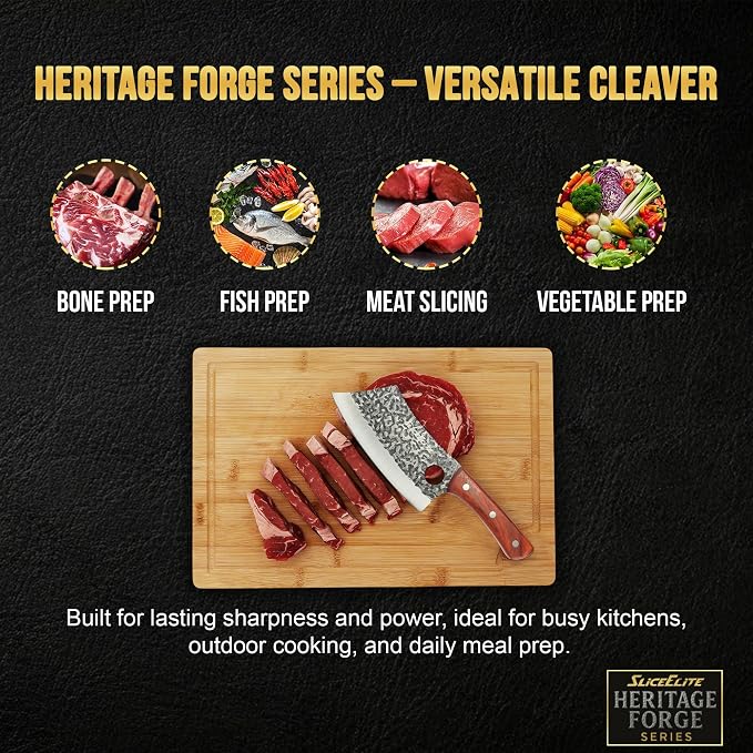 Meat Cleaver Forged Butcher Knife Meat Cutting Knife Kitchen Knives BBQ | Chopping, Slicing, Kitchen, Grilling, Outdoor Cooking, Food Prep, Hammered Pattern Forged Steel, Full Tang, Sandalwood Handle