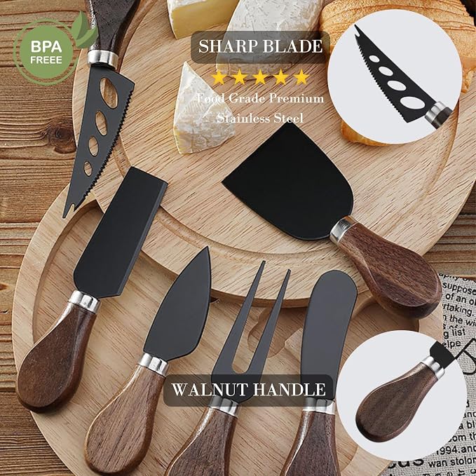 Charcuterie Board Accessories Set - 56PCS Charcuterie Utensils Kit, 6 Cheese Knife Set, Spoons & Forks, Stainless Bowls, Cheese Labels & Stands for Cheese Board & Grazing (Black Walnut)
