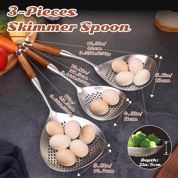 MARTE Skimmer Slotted Spoon Set of 3-304 Stainless Steel Spider Strainer Tools Ladle Spoon with Handle for Cooking and Frying - Kitchen Large Pasta Strainer Frying Colander - 14.8In,16.5In,17In