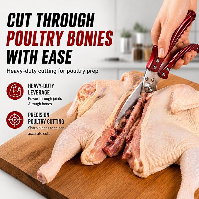 Heavy Duty Poultry Shears, Stainless Steel Kitchen Shears for Chicken, Turkey, Meat & Fish, Detachable Bone Scissors with Serrated Blade, Ergonomic Handle, Dishwasher Safe, Red