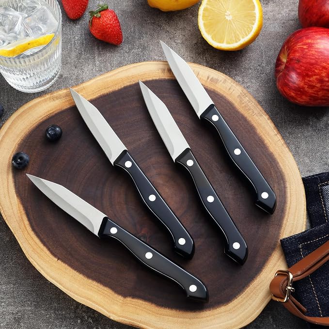 BEWOS 4-Piece Paring Knife Set - Paring Knives with Ergonomic Handle, 3.5 Inch Triple Rivet Paring Knives, Stainless Steel Black Parers for Vegetable, Fruit & Kitchen Use