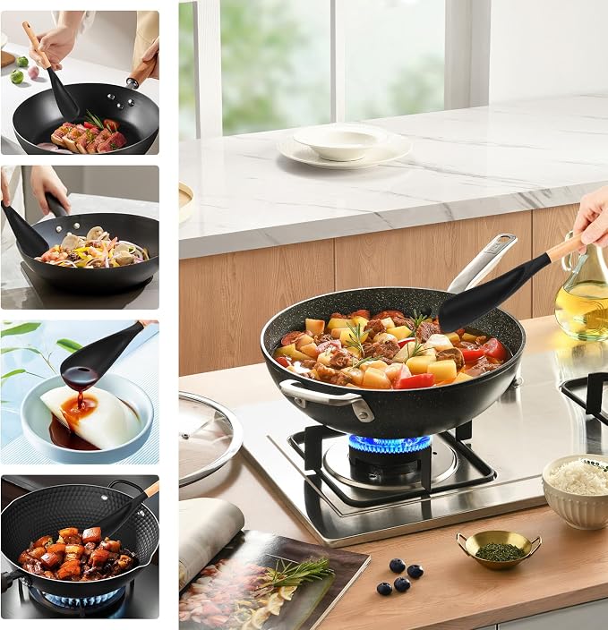 4Pcs Silicone Spatula Set with Wooden Handle, Cooking Spoon Spatula Multipurpose Kitchen Utensils for Mixing, Scraping, Serving, Heat Resistant, Non-Stick Safe, 2 Large 13.4"+ 2 Small 11.4"