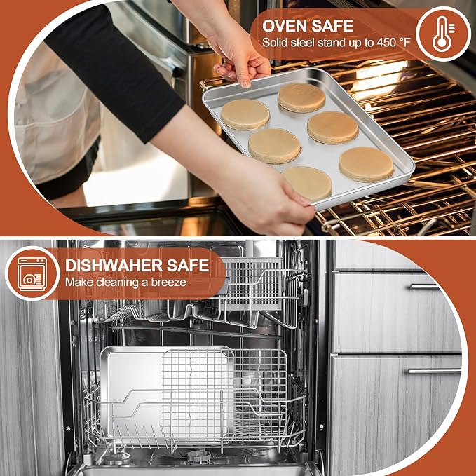 E-far Baking Sheet with Wire Rack Set, 10.5" x 8.3" (1 Pan +1 Cooling Rack) | Stainless Steel Sheet Pan with Rack Set for Toaster Oven, Small Metal Tray for Cooking Roasting, Non-Toxic, Dishwasher Safe