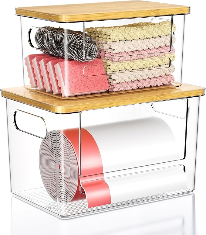 Trash Bag Dispenser 2 Pack (XL+S) - Trash Bag Holder with Bamboo Top | Acrylic Garbage Bags Dispenser Under Sink Organizer for Pantry, Kitchen, Laundry Room, Cabinet 2 Pack (XL+S)