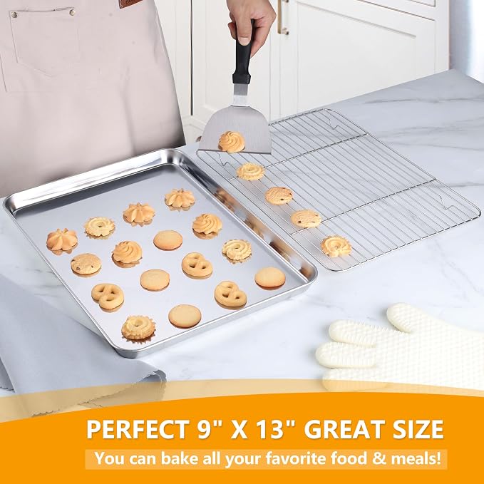 Homikit Quarter Sheet Pan with Rack Set for Toaster Oven (2 Sheets+2 Racks) | 12x10 Inch Stainless Steel Baking Sheets & Wire Cooling Grids, Small Cookie Pans Non Toxic, Metal Bacon Tray, Dishwasher Safe