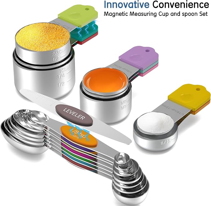 Stainless Steel Magnetic Measuring Cups and Spoons Set, 5 Nesting Magnetic Measuring Cup, 7 Magnetic Measuring Spoons, 1 Leveler for Liquid & Dry