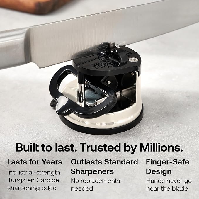 AnySharp – Pro – Hands Free Knife Sharpener - Easy to Use Sharpening Tool with PowerGrip Suction Base and 20-Degree Pre-Set Angle - for All Knives: Chef's, Serrated, and Hardened Steel - Cream