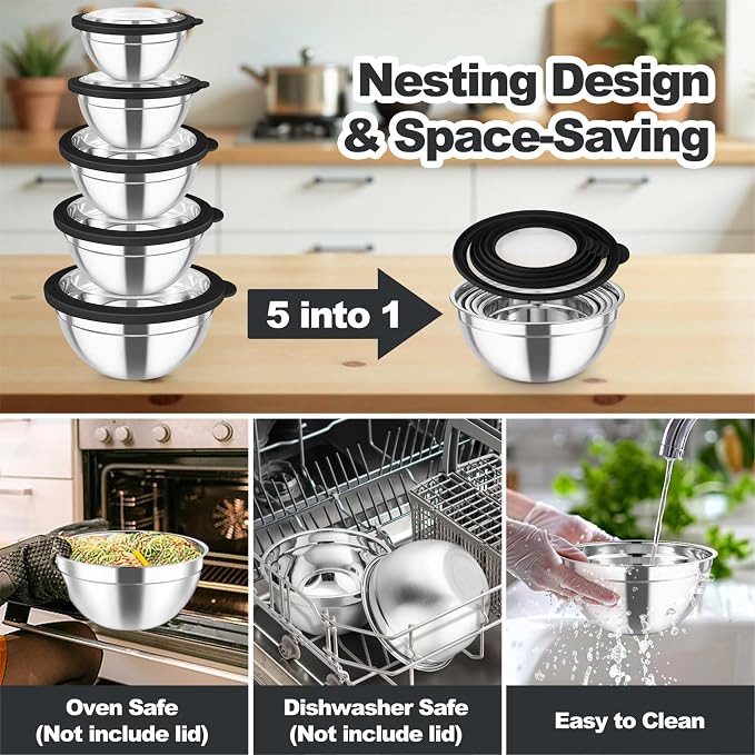 TeamFar Mixing Bowls Set, Stainless Steel Salad Bowl with Lids, Black | 4.5/3/1.5/1/0.7 QT, Metal Nesting Bowls with Visible Airtight Lids, For Serving/ Mixing/ Storing, Dishwasher Safe, Set of 5