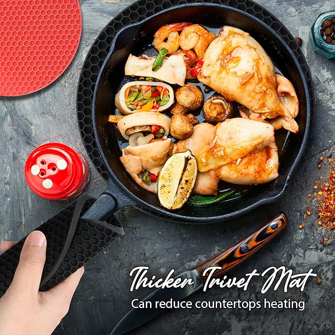4 Pack Silicone Trivet for Hot Dishes | Heat Resistant Silicone Pot Holders for Kitchen Countertops, Hot Dishes, Jar Opener, Spoon Holder, Easy to Wash, Black