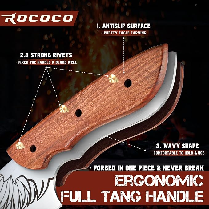 ROCOCO Cleaver Knife for Meat Cutting Butcher Viking Boning Knife Hand Forged In Fire Chopping Cutter with Sheath Outdoor BBQ Camping Birthday Christmas Chef Gift Idea Men 8.4"