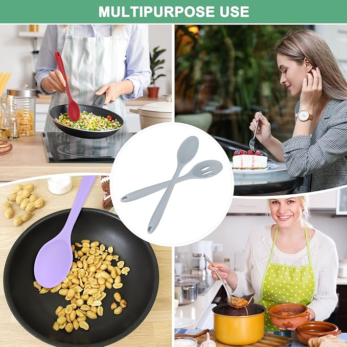 M METERXITY 2-Pack Silicone Spoons for Cooking, 10.6" Mixing Nonstick Slotted and Solid Serving Spoons Heat Resistant Utensils Spoons for Kitchen/Cooking/Baking/Stirring Mixing Tools [Grey]