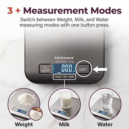 Digital Food Kitchen Scale, 11lb/5kg Capacity with 1g Precision, 5 Units (g/oz/lb:oz/ml/fl'oz), 304 Stainless Steel Surface, Backlit LCD, Tare Function for Cooking, Baking, Keto & Meal Prep