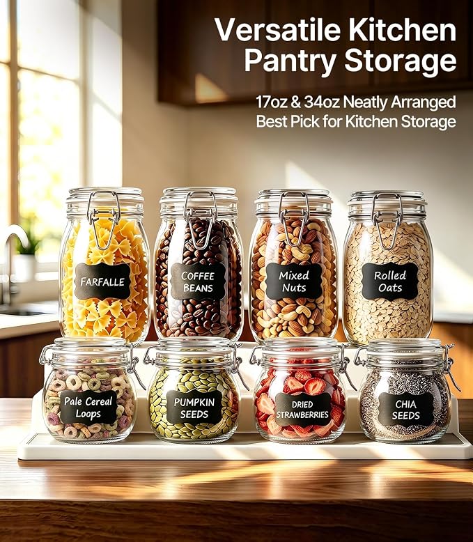 17oz Glass Storage Jars with Airtight Lids, 3 Pack - Wide Mouth | Food-Grade Glass Canisters & Pickling Jars for Pantry, Overnight Oats & Flour. Stainless Steel Clamp & 2.8mm Silicone Seal