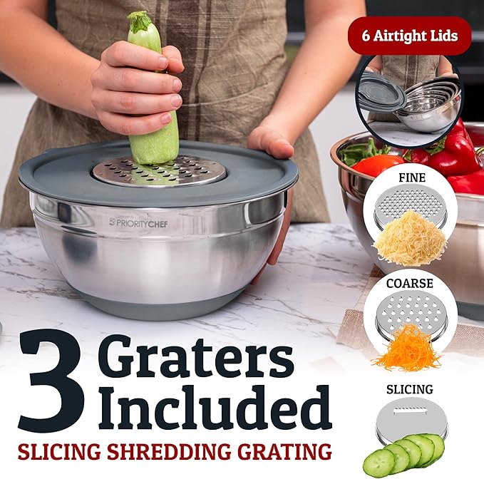 Priority Chef 6pc Stainless Steel Mixing Bowls with Lids Set, 7 Qt, Grey | 6pc Non-slip nesting bowls 1-7 qt, 3 graters & interior measurement marks; for meal prep, baking & airtight fridge storage