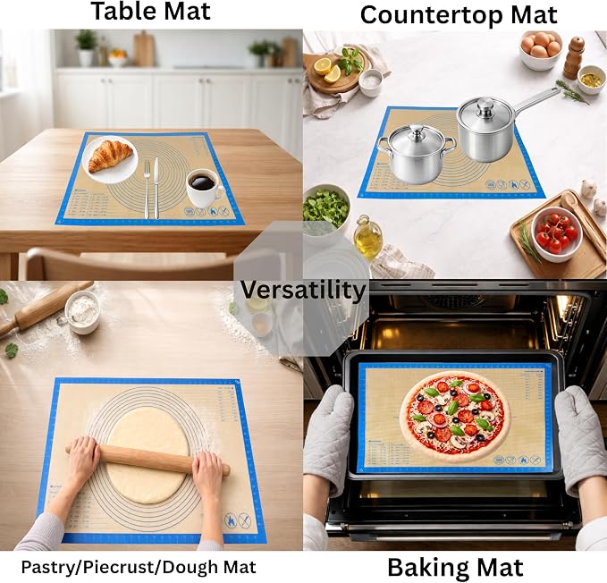 Silicone Pastry Mat with Measurements, 36 x 24 Inch Extra Thick Non-Slip Nonstick XL Baking Mat for Dough Rolling, Kneading, Fondant and Pie, Blue