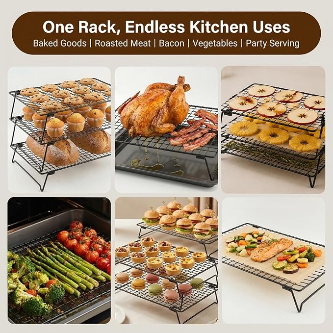 Cooling Racks for Cooking and Baking, 3-Tier Heavy-Duty Wire Cooling Rack | Bread Pie Waffles Roast Cookie Stackable Cooling Racks 10"x13.5", Oven and Dishwasher Safe, 50 Parchment Paper Included