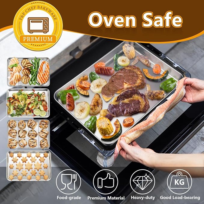 P&P CHEF 16 + 12.5 Inch Baking Sheet with Rack Set, Pans with Flat Racks | 2 Baking Sheets + 2 Cooling Wire Racks, Dishwasher & Oven Safe, Non-toxic & Lasting Use, Fit for Regular Oven