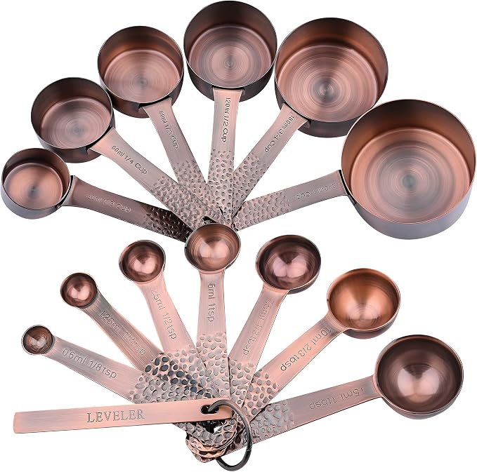 Copper Measuring Cups and Spoons Set, Stainless Steel Copper Plated 6 Metric & US Measuring Cups & 7 Spoons with Leveler for Baking & Kitchen